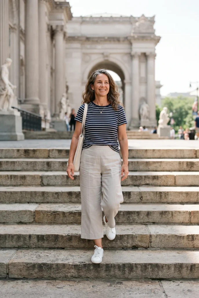 What Shoes to Wear With Linen Pants: Easy Pairs and 5 Mistakes to Avoid 5 Woman in cropped stone linen pants and white leather sneakers on museum steps