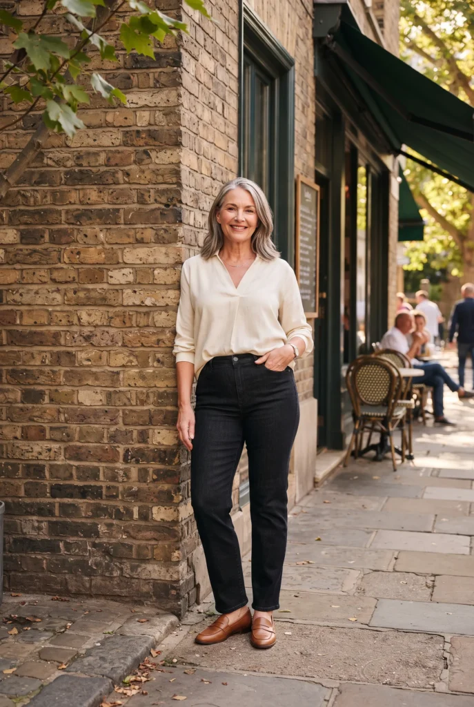 How to Dress an Hourglass with a Big Tummy: 5 Proven Ways That Flatter 5 Woman in dark high rise jeans and a cream drapey top outside a cafe flattering jeans for an hourglass shape