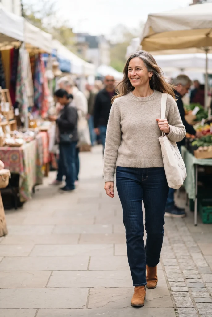 Classy Fall Outfits for Women Over 40: Proven Looks, Fabrics, and Mistakes to Avoid 8 Woman in dark straight jeans and an oatmeal sweater at a weekend market