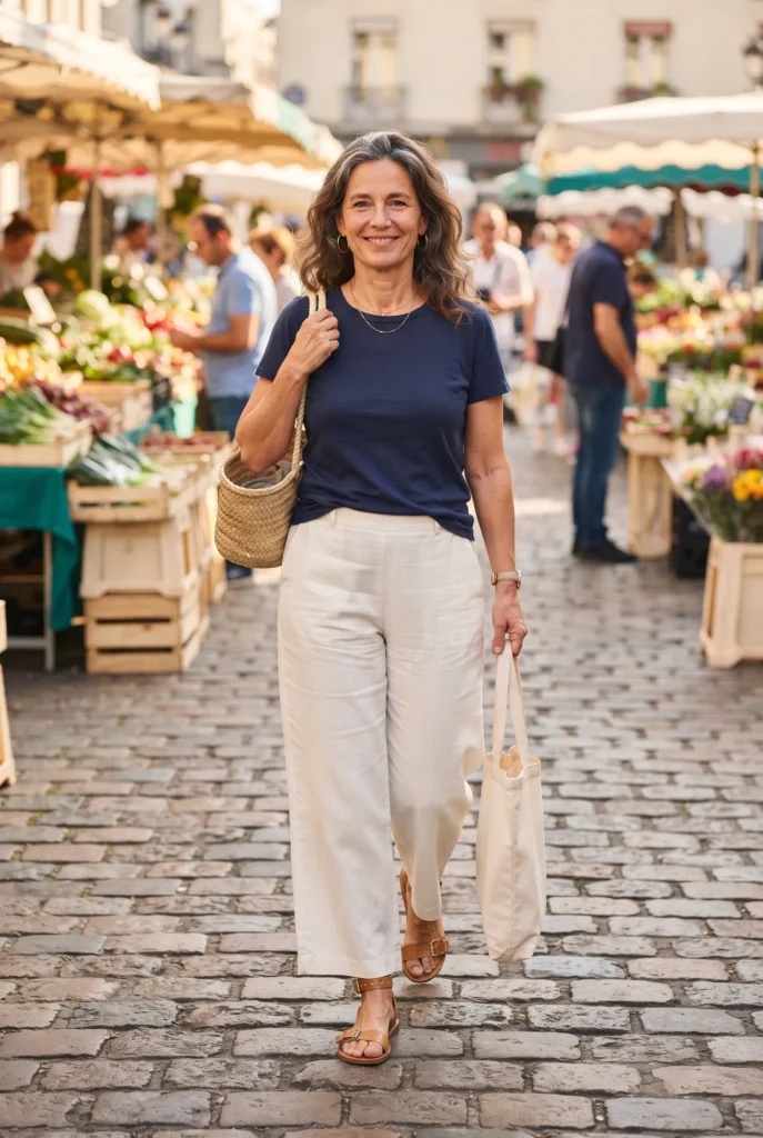 What Shoes to Wear With Linen Pants: Easy Pairs and 5 Mistakes to Avoid 3 Woman in ivory linen pants and flat tan leather sandals at a farmers market