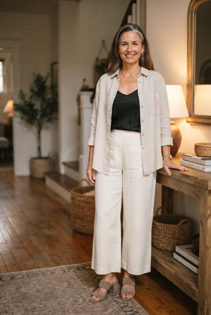 What Shoes to Wear With Linen Pants: Easy Pairs and 5 Mistakes to Avoid 6 Woman in ivory linen pants and taupe block-heel sandals in a home entryway