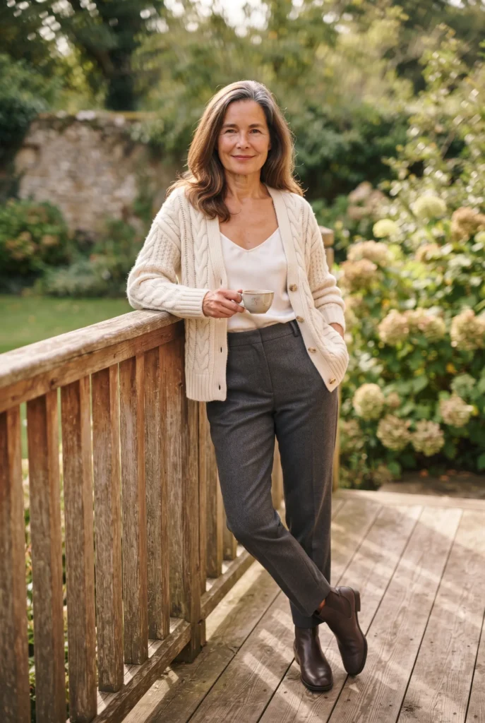Old Money Outfits: 9 Proven Best Looks for a Quiet Luxury Wardrobe 7 Woman in layered cardigan and wool trousers wearing old money outfits on a terrace