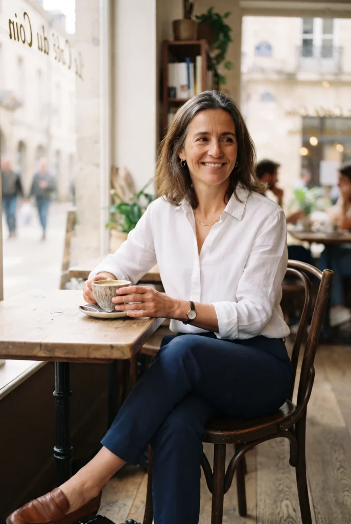 Old Money Outfits: 9 Proven Best Looks for a Quiet Luxury Wardrobe 3 Woman in linen shirt and navy trousers showing old money outfits at a cafe