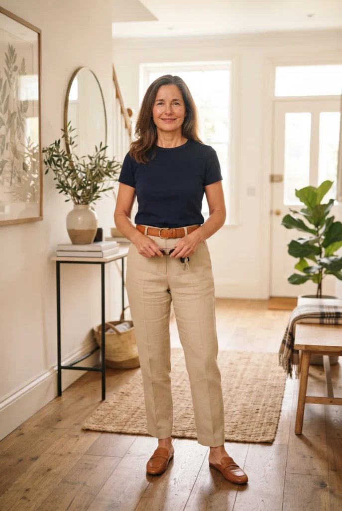 Old Money Outfits: 9 Proven Best Looks for a Quiet Luxury Wardrobe 6 Woman in linen trousers and navy tee showing old money outfits at home