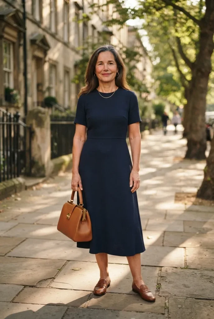 Old Money Outfits: 9 Proven Best Looks for a Quiet Luxury Wardrobe 8 Woman in navy dress with leather bag and loafers completing old money outfits