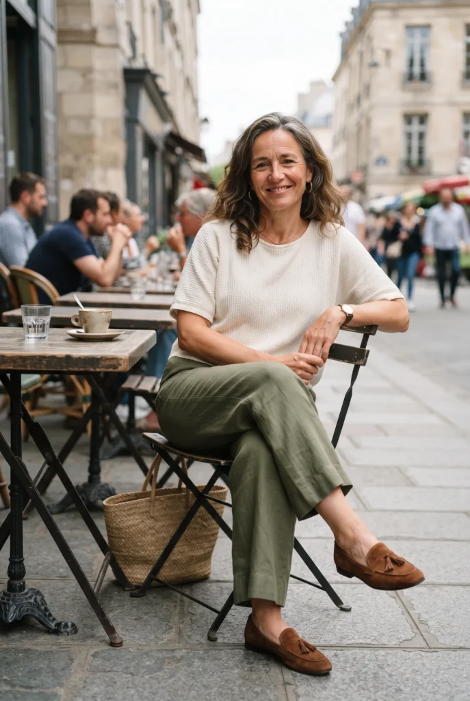 What Shoes to Wear With Linen Pants: Easy Pairs and 5 Mistakes to Avoid 4 Woman in olive linen pants and brown suede loafers seated at a café table