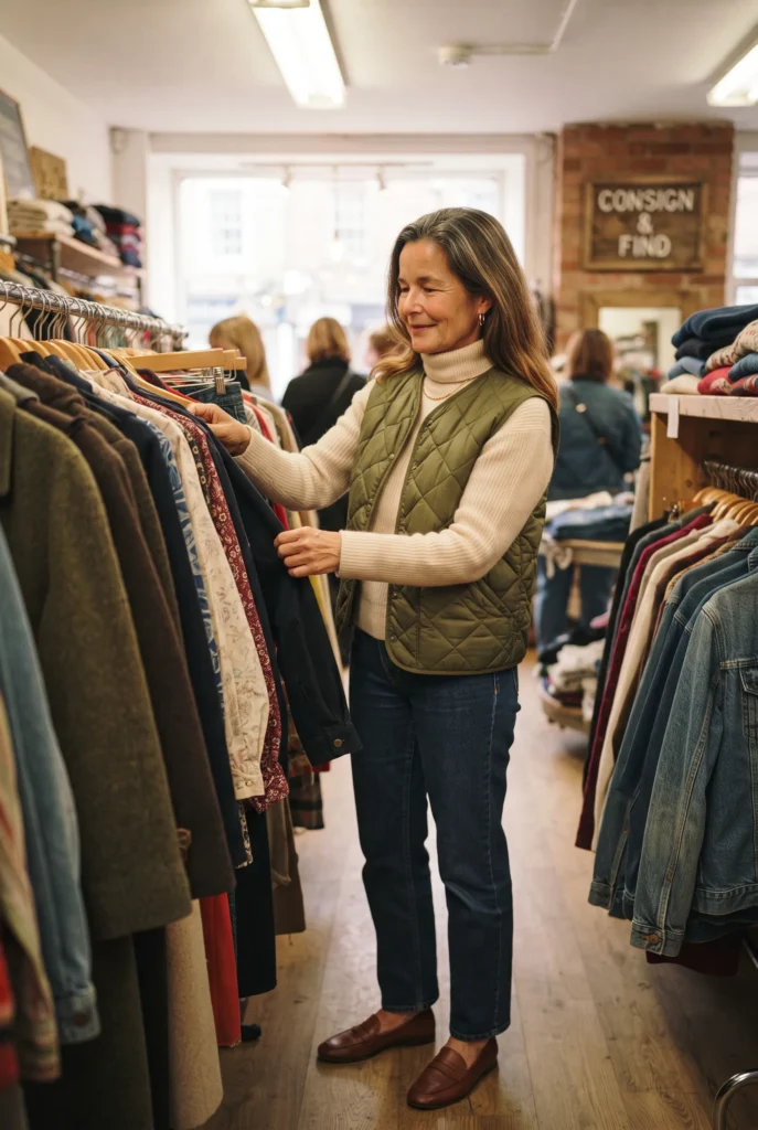 Old Money Outfits: 9 Proven Best Looks for a Quiet Luxury Wardrobe 9 Woman in quilted vest and jeans applying old money outfits principles while shopping