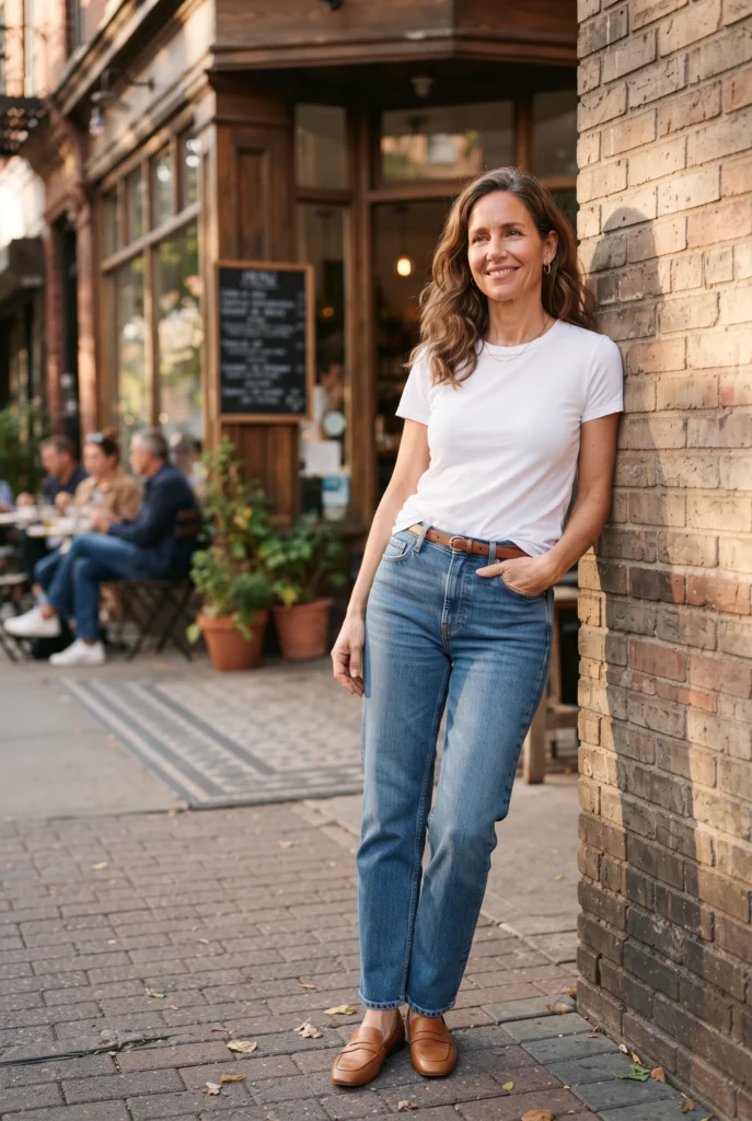 Casual Outfits for 40 Year Old Woman: Best Everyday Looks That Actually Work 4 Woman in straight-leg jeans, white tee, and loafers outside a cafe wearing an everyday casual look