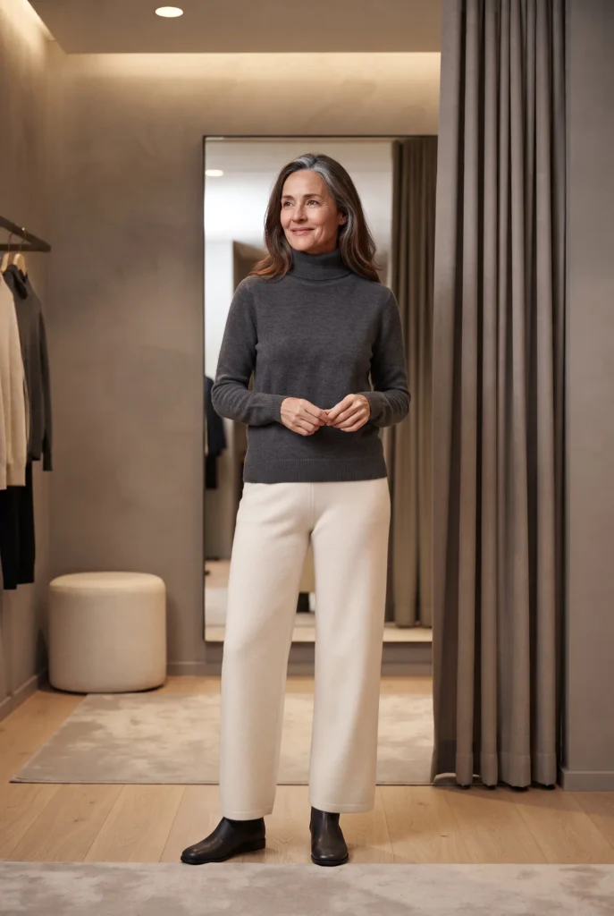Old Money Outfits: 9 Proven Best Looks for a Quiet Luxury Wardrobe 4 Woman in wool turtleneck and cream trousers demonstrating old money style fabrics