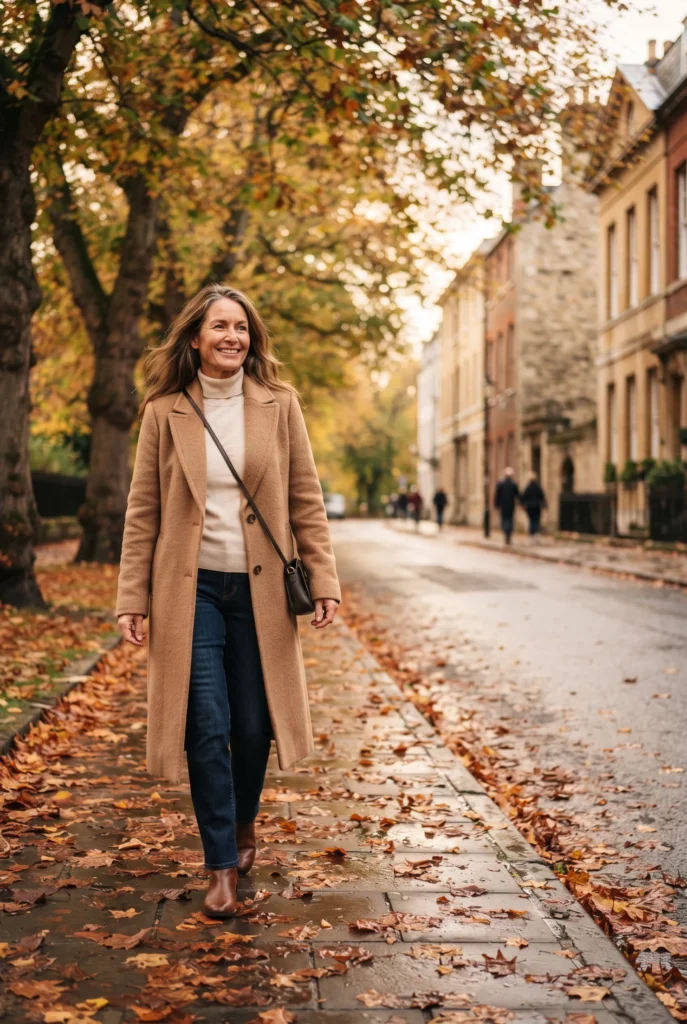 Classy Fall Outfits for Women Over 40: Proven Looks, Fabrics, and Mistakes to Avoid 5 Woman over 40 in a camel coat and cream sweater wearing classy fall outfits for women over 40