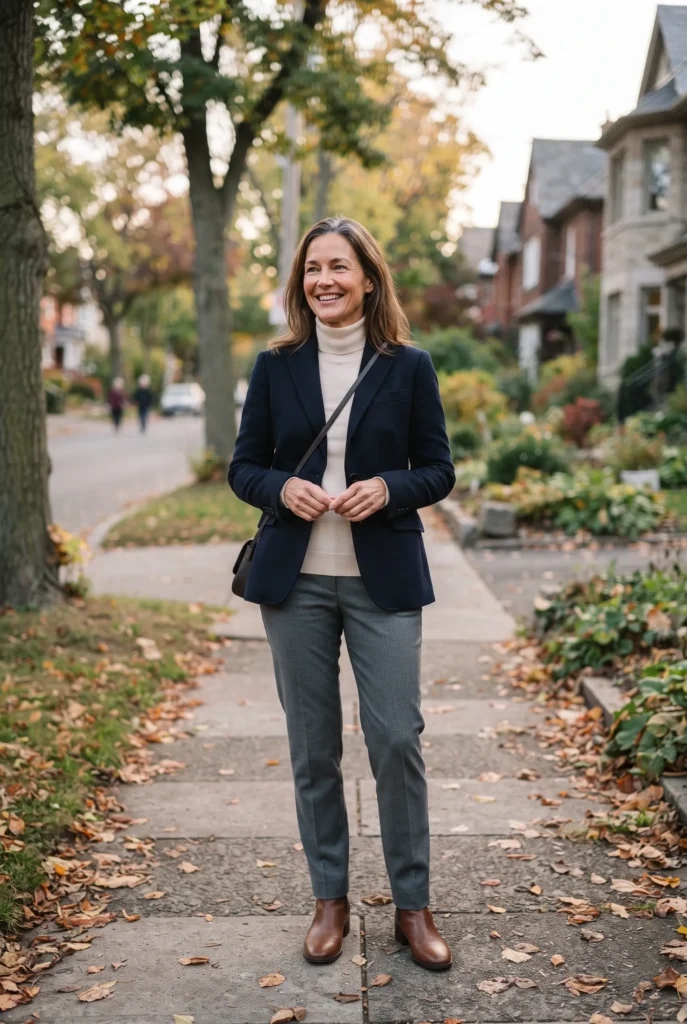 Classy Fall Outfits for Women Over 40: Proven Looks, Fabrics, and Mistakes to Avoid 3 Woman over 40 in a navy blazer and cream knit on a quiet autumn street