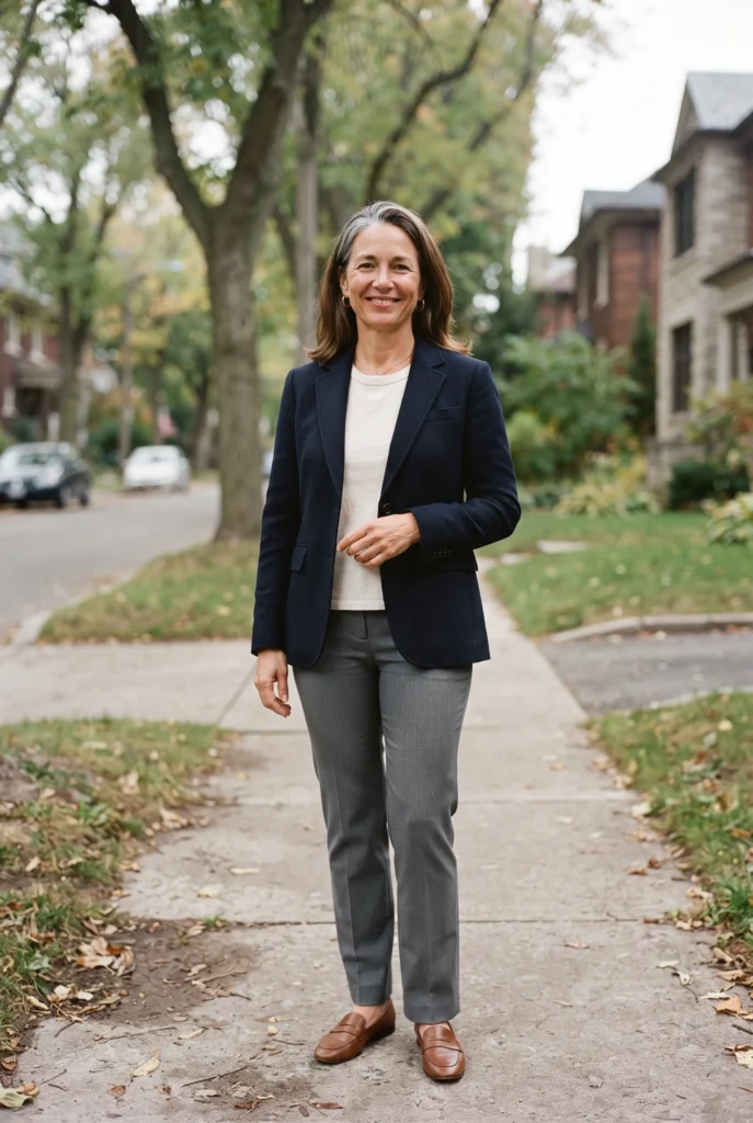 How to Look Expensive on a Budget: 13 Proven Tips and Mistakes to Avoid for Women Over 40 3 Woman over 40 in a navy blazer and cream tee on a quiet street