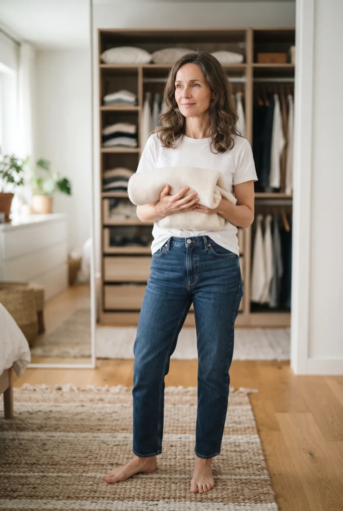 Casual Outfits for 40 Year Old Woman: Best Everyday Looks That Actually Work 11 Woman standing at an open closet holding a cream sweater, building her own casual outfits for 40 year old woman