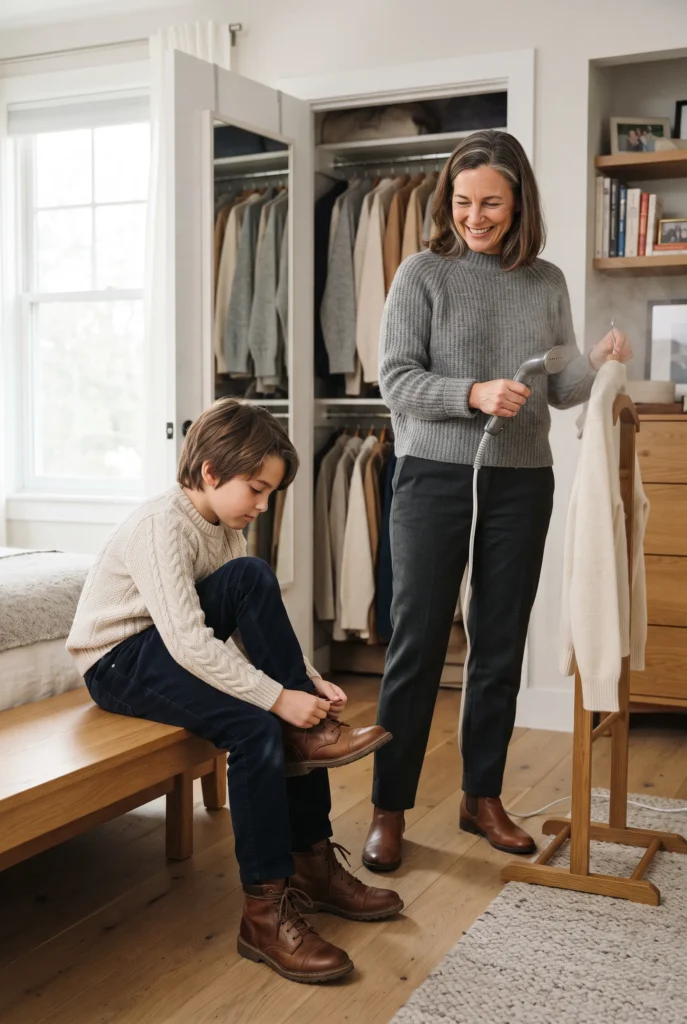 Mommy and Son Christmas Outfits: 13 Proven Ideas, Fabrics, and Mistakes to Avoid 16 Woman steaming a sweater while her son ties his boots in a bedroom