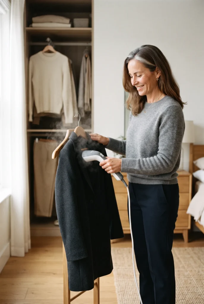 How to Look Expensive on a Budget: 13 Proven Tips and Mistakes to Avoid for Women Over 40 7 Woman steaming a wool coat beside a closet of neutral clothes