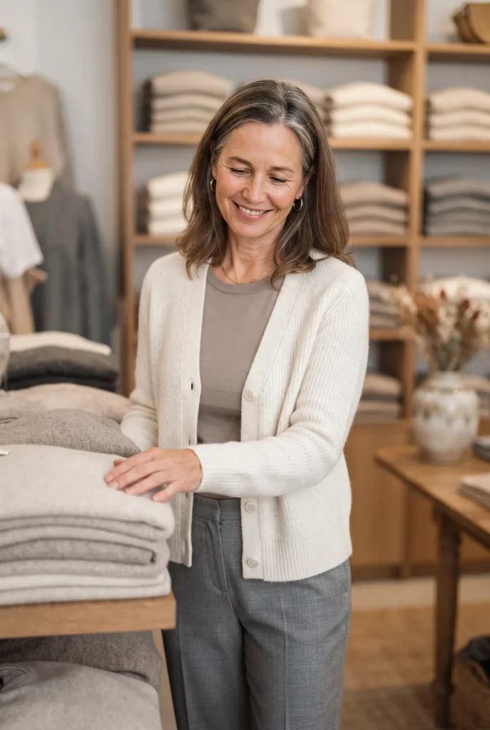 Classy Fall Outfits for Women Over 40: Proven Looks, Fabrics, and Mistakes to Avoid 7 Woman touching a cashmere-blend sweater in a boutique