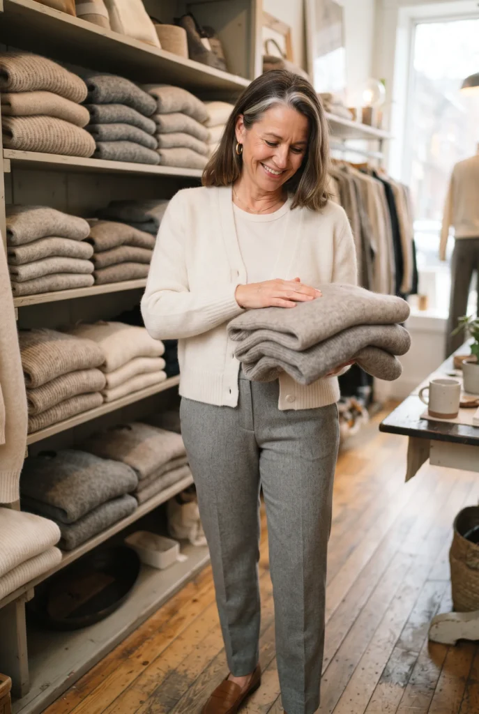 How to Look Expensive on a Budget: 13 Proven Tips and Mistakes to Avoid for Women Over 40 5 Woman touching a folded wool sweater in a boutique
