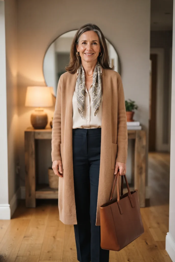 Classy Fall Outfits for Women Over 40: Proven Looks, Fabrics, and Mistakes to Avoid 12 Woman with a small-print scarf and a brown leather tote in a hallway