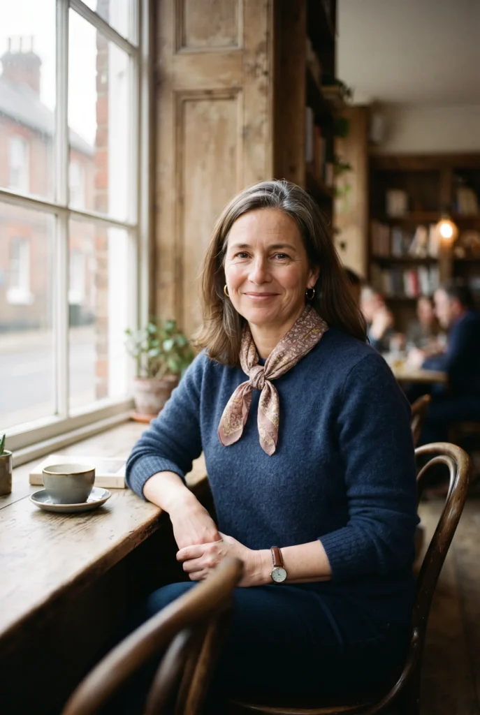 How to Look Expensive on a Budget: 13 Proven Tips and Mistakes to Avoid for Women Over 40 10 Woman with a small-print scarf and gold-tone earrings at a cafe window
