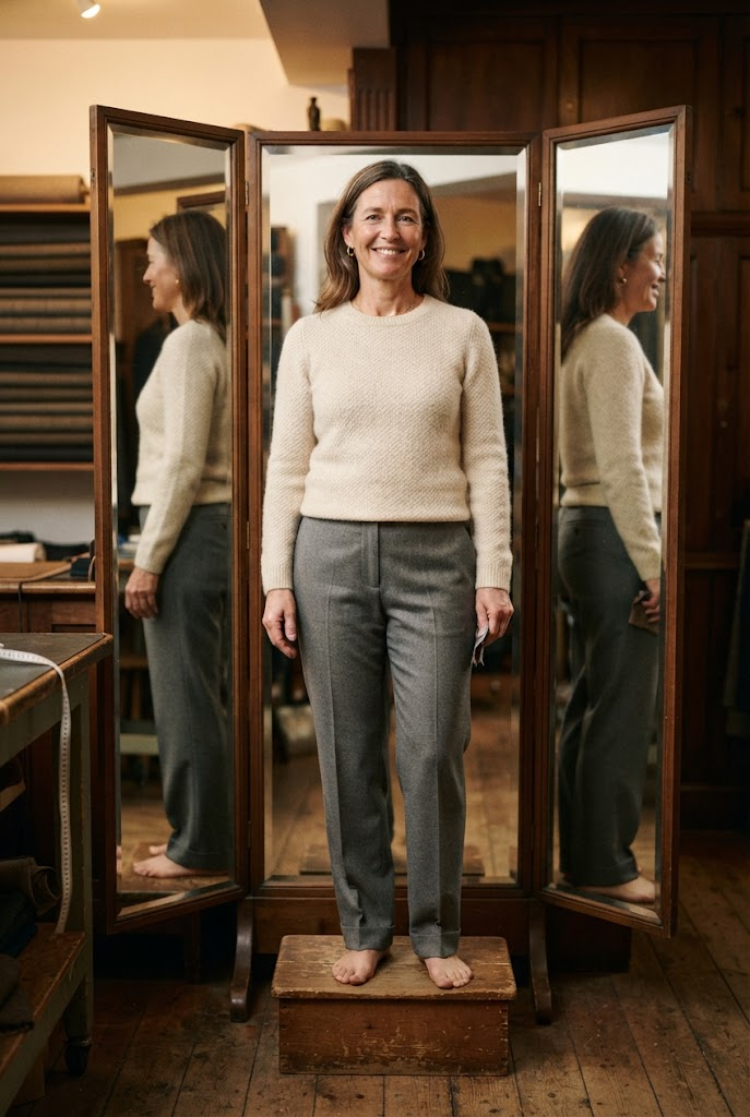 How to Look Expensive on a Budget: 13 Proven Tips and Mistakes to Avoid for Women Over 40 4 Woman at a tailor's mirror showing how to look expensive on a budget with fitted trousers